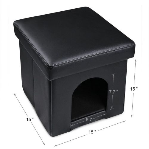  DEKINMAX Cat Ottoman, Small Dog Rabbit Condo Bed Cat Cube Pet House, 2 in 1 Collapsible PU Leather Footstool