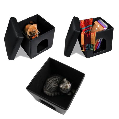  DEKINMAX Cat Ottoman, Small Dog Rabbit Condo Bed Cat Cube Pet House, 2 in 1 Collapsible PU Leather Footstool