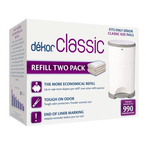  Dekor Classic Diaper Pail Refills | 2 Count | Most Economical Refill System | Quick & Easy to Replace | No Preset Bag Size  Use Only What You Need | Exclusive End-of-Liner Marking
