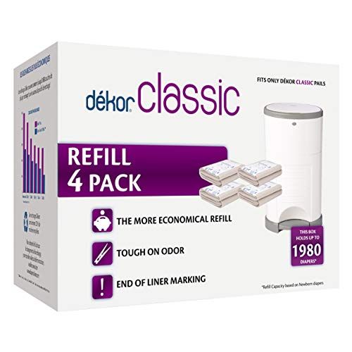  Dekor Classic Diaper Pail Refills | 4 Count | Most Economical Refill System | Quick & Easy to Replace | No Preset Bag Size  Use Only What You Need | Exclusive End-of-Liner Marking
