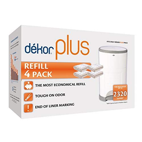  Dekor Plus Diaper Pail Refills | 4 Count | Most Economical Refill System | Quick & Easy to Replace | No Preset Bag Size  Use Only What You Need | Exclusive End-of-Liner Marking |