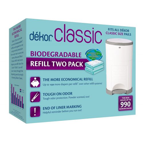  Dekor Classic Diaper Pail Biodegradable Refills | 2 Count | Most Economical Refill System | Quick and Simple to Replace | No Preset Bag Size  Use Only What You Need | Exclusive En