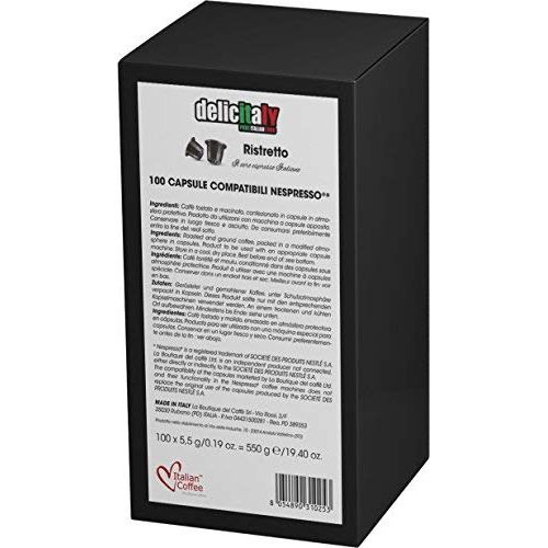  DELICITALY Pure Italian Food 100 Delicitaly pods compatible with Nespresso machines, Italian Expresso capsules (Ristretto)