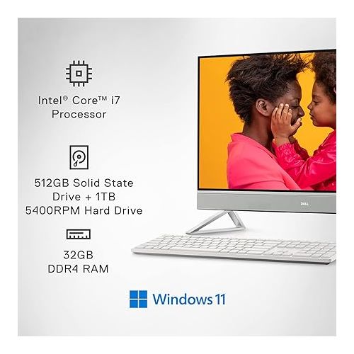 델 Dell Inspiron 7720 All in One Desktop - 27-inch FHD Touchscreen Display, Intel Core i7-1355U, 32GB RAM, 512GB SSD + 1TB HDD, NVIDIA GeForce MX550 GDDR6, Windows 11 Pro, Services Included - White