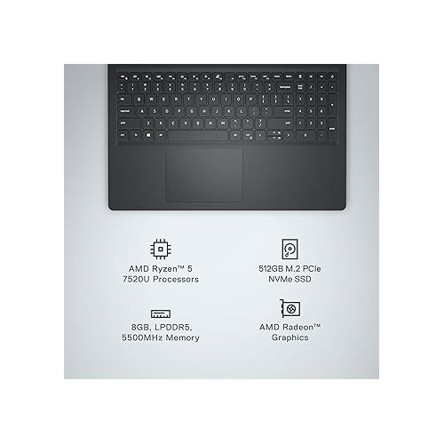 델 Dell Inspiron 3535 Laptop - 15.6-inch FHD (1920 x 1080) Display, AMD Ryzen 5 7520U Processor, 8GB DDR4 RAM, 512GB SSD, AMD Radeon Graphics, Windows 11 Home, 6-Months Migrate - Carbon Black