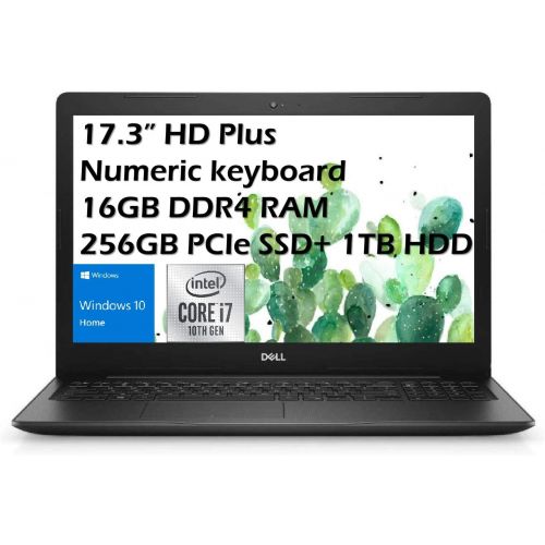 델 Dell 2021 Inspiron 17.3 HD Plus Business Laptop, Intel i7-1065G7(up to 3.9 GHz, 8MB Cache), 16GB DDR4 Memory, 256GB PCIE SSD, 1TB HDD, HDMI, WiFi, Webcam, DVD Drive, Numeric Win 10