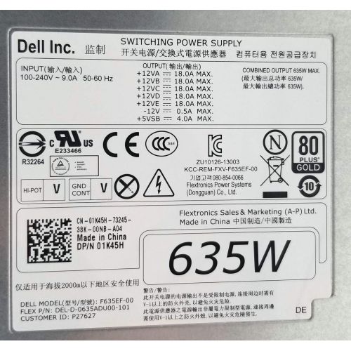 델 Dell Computers Dell F635EF 00 Dell 635W 80 Plus Gold HOT Plug for Dell Precision T3600 /T5600