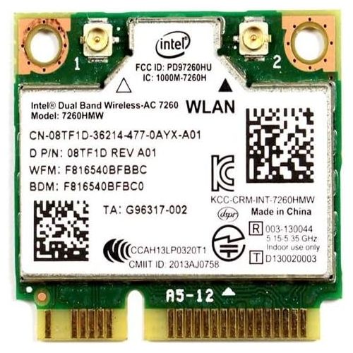 델 Dell 8TF1D Intel Dual Band Wireless AC 7260 WLAN WiFi 802.11 ac/a/b/g/n + Bluetooth 4.0 Half Height Mini PCI Express Card 8TF1D