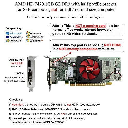델 Dell Epic IT Service AMD Radeon HD 7470 1GB 1024MB Low Profile Video Card with Display Port and DVI for SFF / Slim Desktop Computer