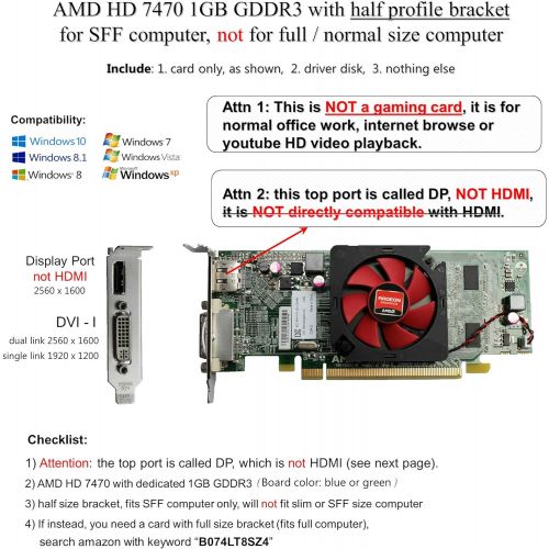 델 Dell Epic IT Service AMD Radeon HD 7470 1GB 1024MB Low Profile Video Card with Display Port and DVI for SFF / Slim Desktop Computer