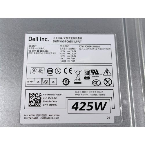 델 DELL 0Y6WWJ Precision T3600 425W 80 PLUS GOLD Power Supply AC425EF 00