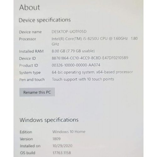 델 Dell XPS 13 9370 13.3 4K UHD LCD Touchscreen Notebook Computer, Intel Core i5 8250U 1.6GHz, 8GB RAM, 128GB SSD, Windows 10 Home, Silver with Black Palmrest