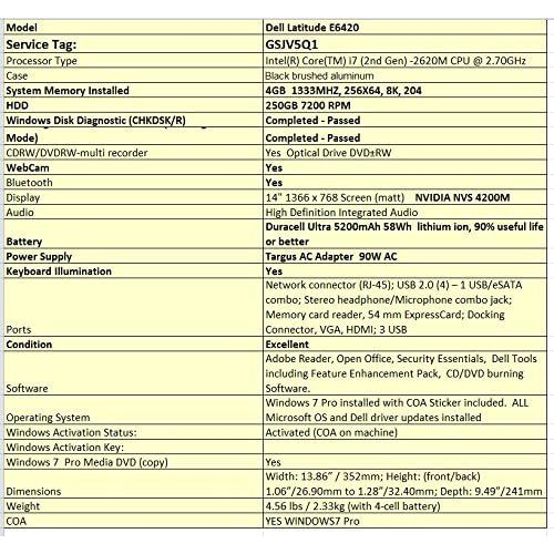 델 Dell Latitude E6420 Core i7 2620M 2.7GHz 4GB 250GB DVD±RW 14 LED Laptop Windows 7 Professional w/6 Cell Battery
