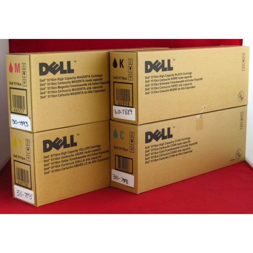 델 Dell GD898 GD900 KD557 JD750 5110CN 5110N Toner Cartridge Set (Black Cyan Magenta Yellow, 4 Pack) in Retail Packaging