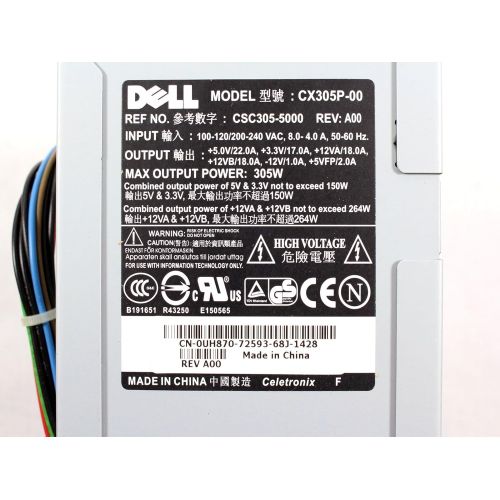 델 Genuine Dell UH870 305w Power Supply PSU For Dimension 3100, E310, 5000, 5100, E510, 5150, E520, E521, and OptiPlex GX320, GX520, GX620 Small Mini Tower (SMT) Sytems, Compatible Pa