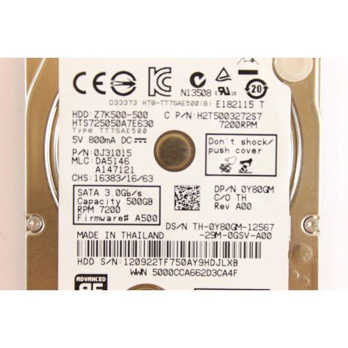 델 Dell Y80GM HTS725050A7E630 2.5 SATA Thin 500GB 7200 3.0 Hitachi Laptop Hard Drive Latitude E5430 In