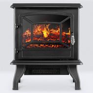 Della 17 Inch 1400W Compact Freestanding Portable Electric Fireplace Stove Heater with Realistic 3D Flame Effect, Infrared Quartz Indoor Heat, Faux Logs - Black