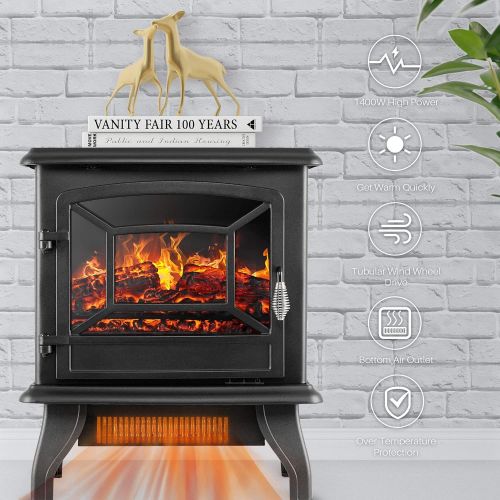 델 Della 17 Inch 1400W Compact Freestanding Portable Electric Fireplace Stove Heater with Realistic 3D Flame Effect, Infrared Quartz Indoor Heat, Faux Logs Black