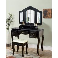 DELMANGO Vanity Set Makeup Table Tri Folding Mirror Dressing Table with 5 Drawers & Stool,Black