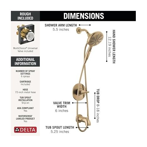  Delta Faucet Nicoli 14 Series Single-Handle Tub and Shower Trim Kit, Gold Shower Faucet with 6-Spray H2Okinetic Hand Held Shower Head with Hose, Champagne Bronze 144749-CZ-HS (Shower Valve Included)