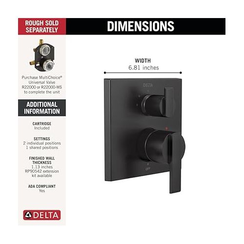  DELTA FAUCET T24867-BL Angular Modern Monitor 14 Series Valve 3-Setting Integrated Shower Trim with Diverter, Matte Black