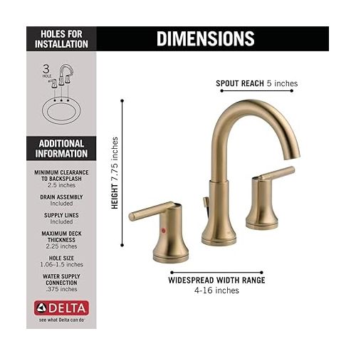  Delta Faucet Trinsic Widespread Bathroom Faucet 3 Hole, Gold Bathroom Faucet, Diamond Seal Technology, Metal Drain Assembly, Champagne Bronze 3559-CZMPU-DST
