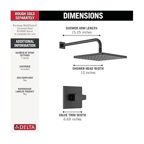  Delta Faucet Modern Raincan Square Single-Function Shower Valve Trim Kit Black, Shower Faucet Set, Rainfall Shower Head Black, Delta Shower Trim Kit, Matte Black T14268-BL-PP (Valve Not Included)