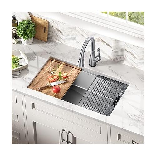  DELTA FAUCET 95B932-32S-SS Lorelai Workstation Kitchen Sink Undermount Stainless Steel Single Bowl with WorkFlow Ledge and Chef’s Kit of 6 Accessories