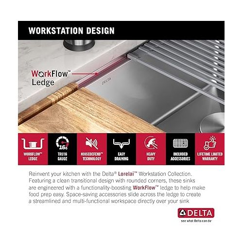  DELTA FAUCET 95B932-32S-SS Lorelai Workstation Kitchen Sink Undermount Stainless Steel Single Bowl with WorkFlow Ledge and Chef’s Kit of 6 Accessories