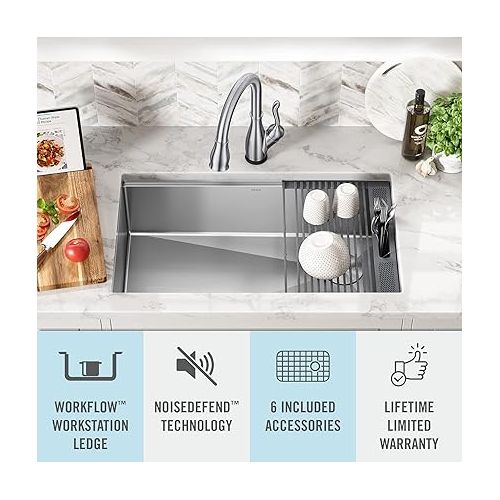  DELTA FAUCET 95B932-32S-SS Lorelai Workstation Kitchen Sink Undermount Stainless Steel Single Bowl with WorkFlow Ledge and Chef’s Kit of 6 Accessories