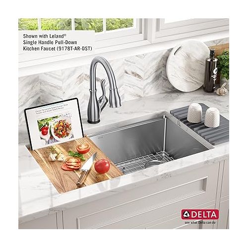  DELTA FAUCET 95B932-32S-SS Lorelai Workstation Kitchen Sink Undermount Stainless Steel Single Bowl with WorkFlow Ledge and Chef’s Kit of 6 Accessories
