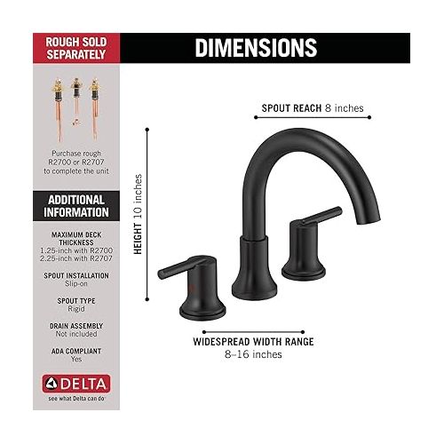  Delta Faucet Trinsic 2-Handle Widespread Roman Tub Faucet, Black Tub Faucet, Roman Bathtub Faucet, Delta Roman Tub Faucet, Tub Filler, Matte Black T2759-BL (Valve Not Included)