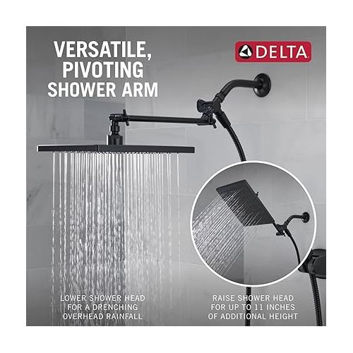  Delta Faucet 10-inch Raincan Shower Head and Hand Held Shower Combo, Black Square Shower Head, Rainfall Shower Head, Hand Shower, High Pressure Shower Head, 1.75 GPM Flow Rate, Matte Black 75527-BL
