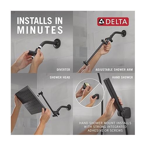  Delta Faucet 10-inch Raincan Shower Head and Hand Held Shower Combo, Black Square Shower Head, Rainfall Shower Head, Hand Shower, High Pressure Shower Head, 1.75 GPM Flow Rate, Matte Black 75527-BL