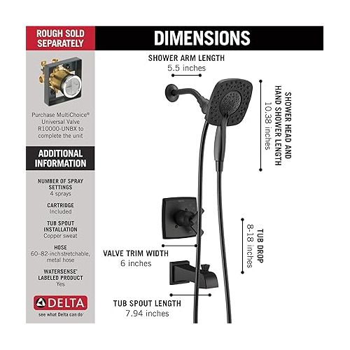  Delta Faucet Ashlyn 17 Series Dual-Function Tub and Shower Trim Kit with 2-Spray Touch-Clean In2ition 2-in-1 Hand Held Shower Head with Hose, Matte Black T17464-BL-I (Valve Not Included)