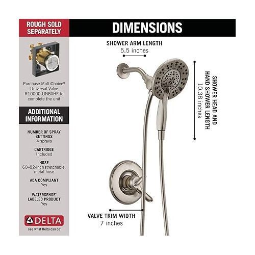  Delta Faucet Linden 17 Series Dual-Function Shower Faucet, Shower Trim Kit with 4-Spray In2ition 2-in-1 Dual Hand Held Shower Head with Hose, Stainless T17294-SS-I (Valve Not Included)