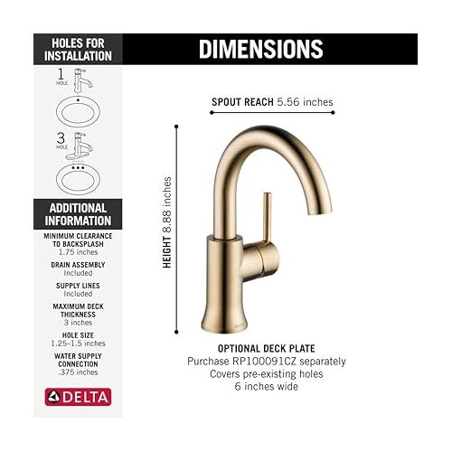  Delta Faucet Trinsic Single Hole Swivel Spout Bathroom Faucet, Gold Bathroom Sink Faucet, Single Handle Bathroom Faucet, Diamond Seal Technology, Drain Assembly, Champagne Bronze 559HA-CZ-DST