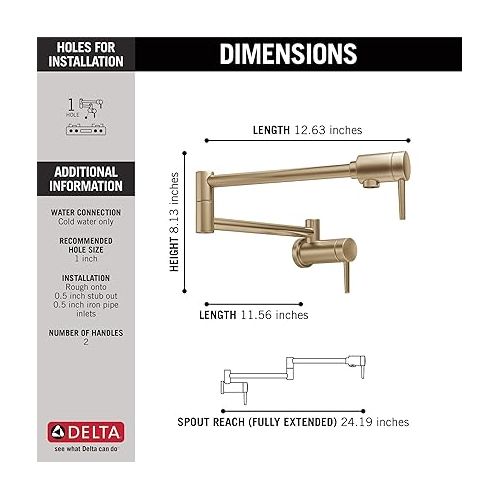  Delta Faucet Traditional Brushed Gold Pot Filler Faucet, Delta Pot Filler Gold, Farmhouse Pot Filler Faucet Wall Mount, Potfiller, Brass Construction, Champagne Bronze 1177LF-CZ