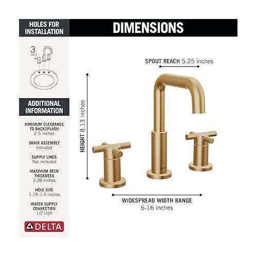  Delta Faucet Nicoli Widespread Bathroom Faucet 3 Hole, Gold Bathroom Faucet, 2 Handle Bathroom Faucet, Bathroom Sink Faucet, Drain Assembly, Champagne Bronze 35894LF-CZ