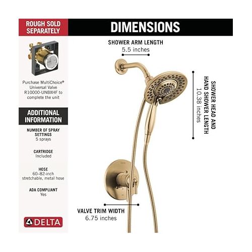  Delta Faucet Saylor 17 Series Gold Shower Valve Trim Kit with In2ition 2-in-1 Shower Head with Handheld Spray, Shower Faucet, Shower Head and Handle, Champagne Bronze T17235-CZ-I (Valve Not Included)