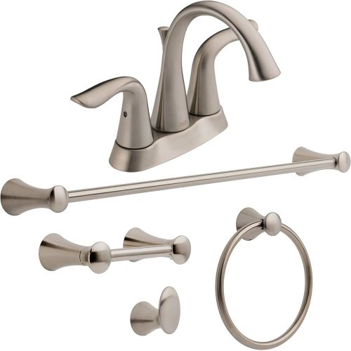  Delta Faucet Lahara Centerset Bathroom Faucet Brushed Nickel with Coordinating Bathroom Accessories Included, Bathroom Sink Faucet, Toilet Paper Holder, Towel Bar, Robe Hook, Towel