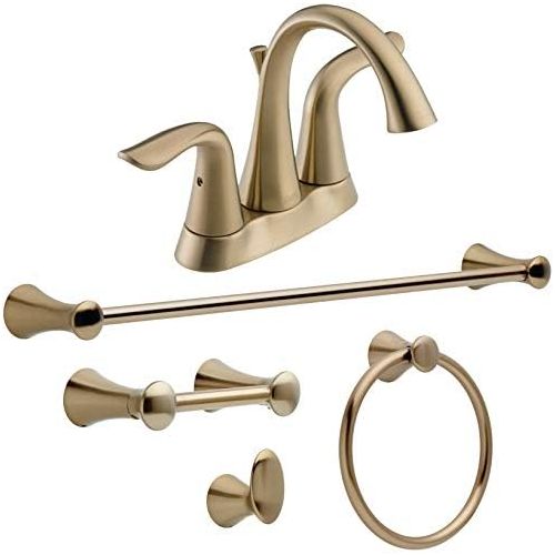  Delta Faucet Lahara Gold Bathroom Faucet with Coordinating Bathroom Accessories Included, Bathroom Sink Faucet, Toilet Paper Holder, Towel Bar, Robe Hook, Towel Ring