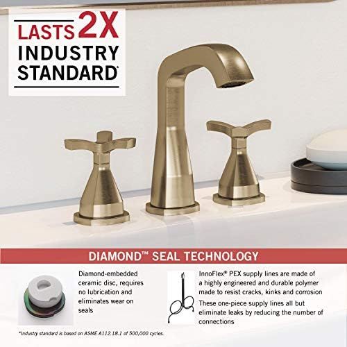  Delta Faucet Stryke Widespread Bathroom Faucet 3 Hole, Gold Bathroom Faucet with Cross Handles, Diamond Seal Technology, Metal Drain Assembly, Champagne Bronze 357766-CZMPU-DST