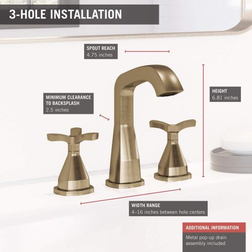  Delta Faucet Stryke Widespread Bathroom Faucet 3 Hole, Gold Bathroom Faucet with Cross Handles, Diamond Seal Technology, Metal Drain Assembly, Champagne Bronze 357766-CZMPU-DST
