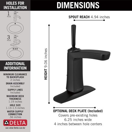  Delta Faucet Vesna Matte Black Bathroom Faucet, Single Hole Bathroom Faucet, Single Handle Bathroom Faucet, Drain Assembly, Worry-Free Drain Catch, Matte Black 15989LF-BL