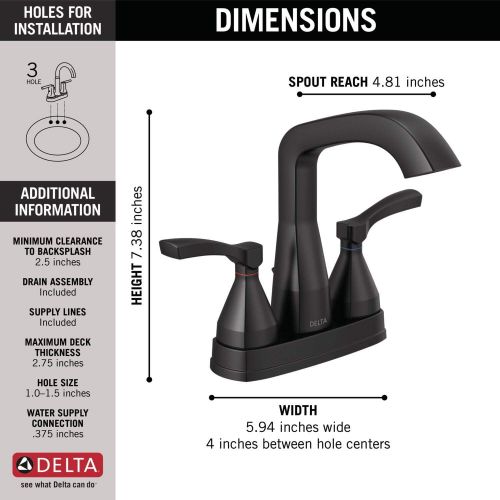  Delta Faucet Stryke Matte Black Bathroom Faucet, Centerset Bathroom Faucet, Diamond Seal Technology, Metal Drain Assembly, Matte Black 25776-BLMPU-DST