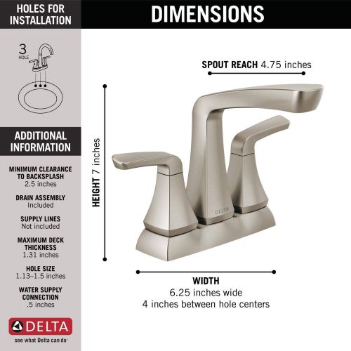  Delta Faucet Vesna Centerset Bathroom Faucet Brushed Nickel, Bathroom Sink Faucet, Drain Assembly, Worry-Free Drain Catch, SpotShield Brushed Nickel 25789LF-SP