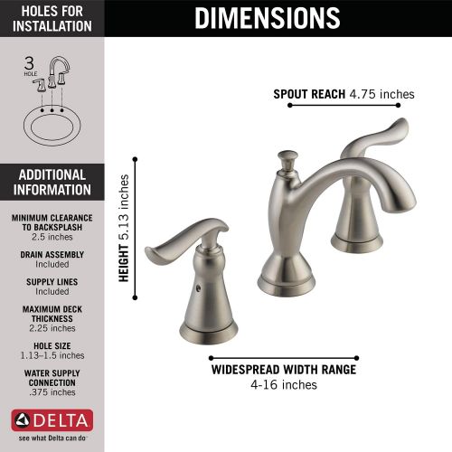  Delta Faucet Linden Widespread Bathroom Faucet Brushed Nickel, Bathroom Faucet 3 Hole, Diamond Seal Technology, Metal Drain Assembly, Stainless 3594-SSMPU-DST
