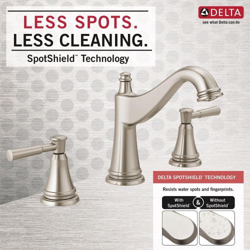  Delta Faucet Mylan Widespread Bathroom Faucet Brushed Nickel, Bathroom Faucet 3 Hole, Drain Assembly, Worry-Free Drain Catch, SpotShield Brushed Nickel 35777LF-SP