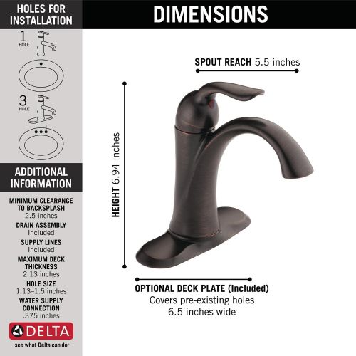  Delta Faucet Lahara Bronze Bathroom Faucet, Single Hole Bathroom Faucet, Single Handle, Diamond Seal Technology, Metal Drain Assembly, Venetian Bronze 538-RBMPU-DST
